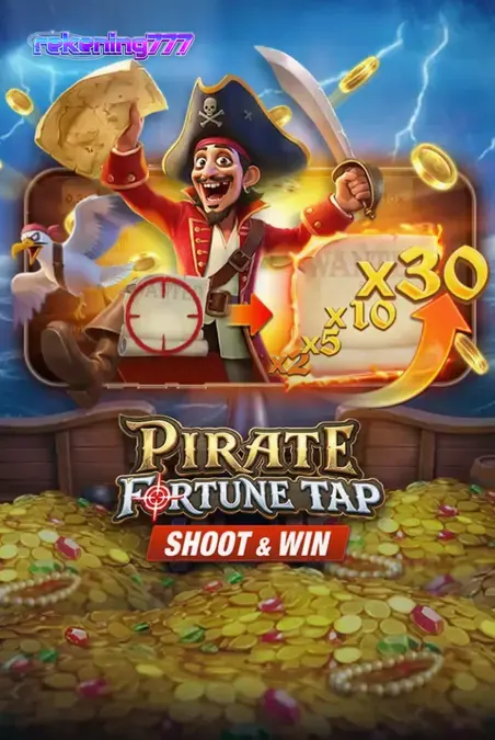Tampilan layar permainan Pirate Fortune Tap dengan mekanisme menembak meriam di laut.